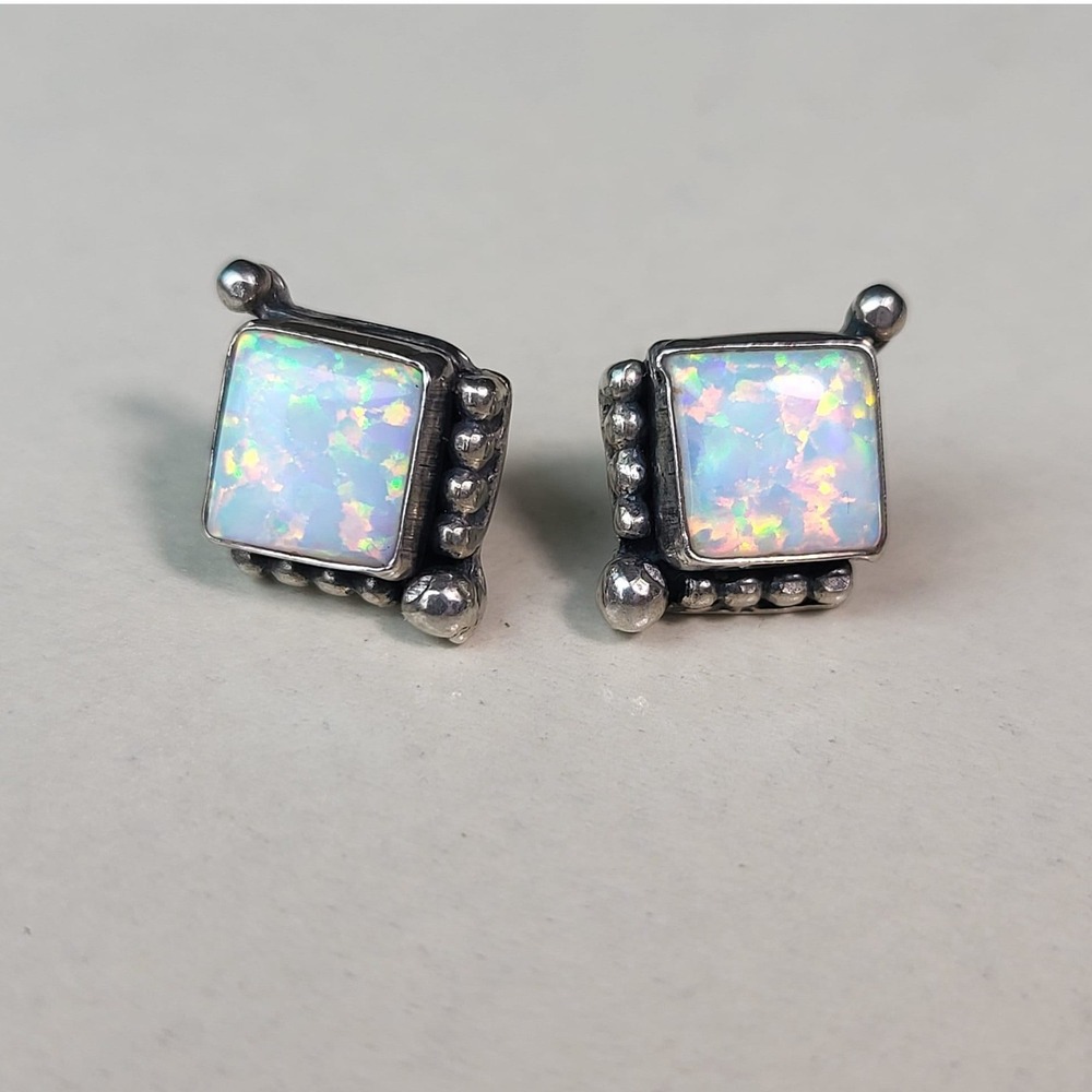 Vintage Sterling Silver White Fire Opal Stud Earrings Iridescent Square